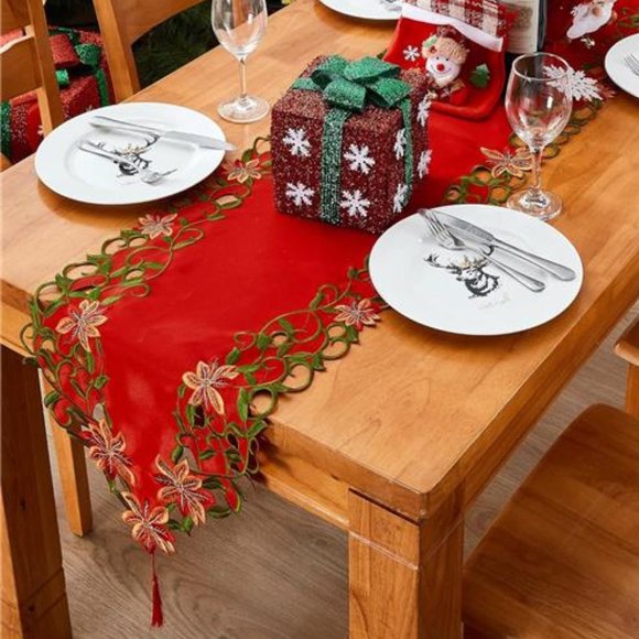 Christmas Table Runner Red Embroidered Decorative Cloth Holiday Decor Decoration - Picture 3 of 7